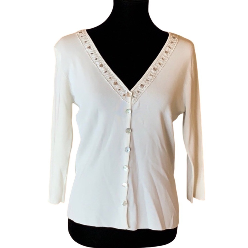 LouLou white lightweight knit cardigan with rhinestone embellishment Size Medium
